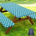 Smiry Picnic Table Cover with Bench Covers, Waterproof Elastic Fitted Tablecloth for 8 Foot Tables, Washable Polyester Tablecloths for Camping, Indoor &amp; Outdoor (Aqua, 30x96 Inch 3-pc Set)