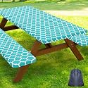 Smiry Picnic Table Cover with Bench Covers, Waterproof Elastic Fitted Tablecloth for 8 Foot Tables, Washable Polyester Tablecloths for Camping, Indoor &amp; Outdoor (Teal, 30x96 Inch 3-pc Set)
