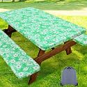 Smiry Picnic Table Cover with Bench Covers, Waterproof Elastic Fitted Tablecloth for 6 Foot Tables, Washable Polyester Tablecloths for Camping, Indoor &amp; Outdoor (Green Daisy, 30x72 Inch 3-pc Set)