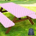 Smiry Picnic Table Cover with Bench Covers, Waterproof Elastic Fitted Tablecloth for 6 Foot Tables, Washable Polyester Tablecloths for Camping, Indoor &amp; Outdoor (Pink, 30x72 Inch 3-pc Set)