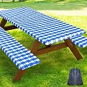 Smiry Picnic Table Cover with Bench Covers, Waterproof Elastic Fitted Tablecloth for 5 Foot Tables, Washable Polyester Tablecloths for Camping, Indoor &amp; Outdoor (Blue &amp; White, 30x60 Inch 3-pc Set)