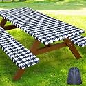 Smiry Picnic Table Cover with Bench Covers, Waterproof Elastic Fitted Tablecloth for 5 Foot Tables, Washable Polyester Tablecloths for Camping &amp; Indoor (Dark Blue &amp; White, 30x60 Inch 3-pc Set)