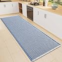 Smiry Waffle Bath Mat 47X16, Soft Absorbent Bathroom Rugs, Blue &amp; Cream