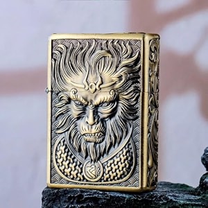 smoke king gold brass 3d engraving wukong design zorro original lighter  refillable kerosene oil pocket lighter  fuel not included