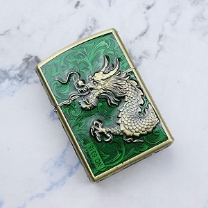 smoke king zorro original emerald dragon 3d engraved brass kerosene oil lighter  windproof refillable pocket lighter fuel not included