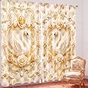 SmoothNovelty 2 Pcs Swan Reliefs Curtains for Living Room Luxury Gold Swan