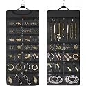 SMRITI Hanging Jewelry Organizer with Dual Zippered Pockets Canvas Double Sided Rotating Hanger Necklace Hanging Wall Organizer Earring Dustproof Holder Wall Mount Accessories Display Bag(Dark Grey)