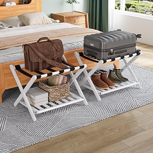 smuxee bamboo foldable luggage rack for guest room no assembly required suitcase stand with nylon straps luggage holder with shelf for bedroom hotel white luggage rack 2pcs