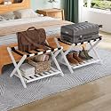 Smuxee Bamboo Foldable Luggage Rack for Guest Room, No Assembly Required Suitcase Stand with Nylon Straps, Luggage Holder with Shelf for Bedroom Hotel (White Luggage Rack 2pcs)
