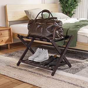 smuxee fully assembled brown luggage racks pack of 2 upgraded bamboo foldable suitcase stand with 5 nylon straps luggage holder with shelf for guest room bedroom hotel
