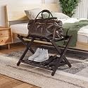 Smuxee Fully Assembled Brown Luggage Racks Pack of 2, Upgraded Bamboo Foldable Suitcase Stand with 5 Nylon Straps, Luggage Holder with Shelf for Guest Room Bedroom Hotel
