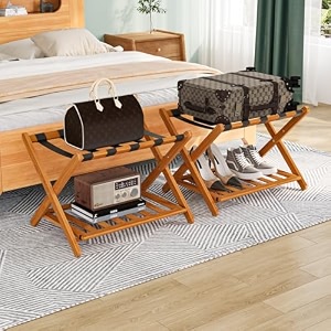 smuxee fully assembled honey luggage racks pack of 2 upgraded bamboo foldable suitcase stand with 5 nylon straps luggage holder with shelf for guest room bedroom hotel