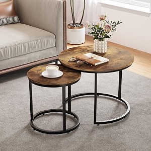 smuxee nesting coffee table set of 2 23634 round coffee table rustic wood top with adjustable non-slip feet industrial end table side tables for living room bedroom balcony yard