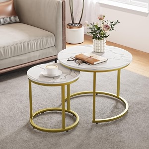 smuxee white nesting coffee table set of 2 236 round coffee table wooden marble pattern with adjustable non-slip feet industrial end table for living room bedroom balcony gold