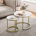 Smuxee White Nesting Coffee Table Set of 2, 23.6“ Round Coffee Table Wooden Marble Pattern with Adjustable Non-Slip Feet, Industrial End Table for Living Room Bedroom Balcony Gold