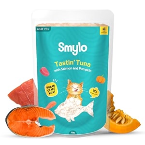 smylo natural healthy adult cat wet food 1 yrs 70g x 12 packs  tuna salmon amp pumpkin  for healthy skin amp coat supports digestion  grain free no preservatives or by-products  vet-formulated