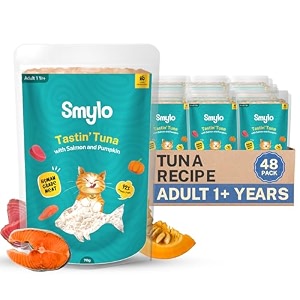 smylo natural healthy adult cat wet food 1 yrs 70g x 48 packs  tuna salmon amp pumpkin  for healthy skin amp coat supports digestion  grain free no preservatives or by-products  vet-formulated