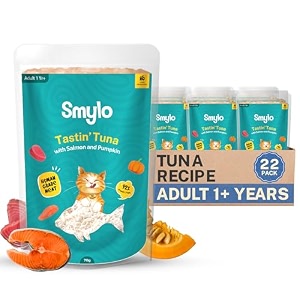 smylo natural healthy adult cat wet food 1 yrs 70g x 22 packs  tuna salmon amp pumpkin  for healthy skin amp coat supports digestion  grain free no preservatives or by-products  vet-formulated