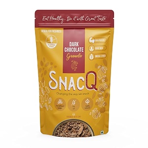 snacqchanging the way we snack dark chocolate granola - 350 grams pack of 1tastyhealthy and convenient breakfastgluten freeno oilno preservatives100 healthy dark chocolate almond granola