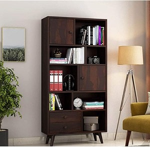 solid sheesham wood corner book shelf with storage  library bookshelf wooden bookcase office amp home living room book cabinet- walnut style-05