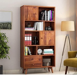 solid sheesham wood book shelf with storage  bookcase  wooden book shelf library home amp office living room book cabinet style-03