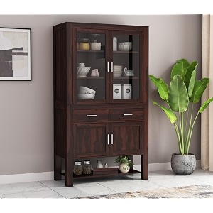 solid wooden crockery cabinet for kitchen amp dining room sheesham wood free standing movable walnut finish large