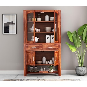 solid wooden crockery cabinet for kitchen amp dining room sheesham wood free standing movable honey finish large