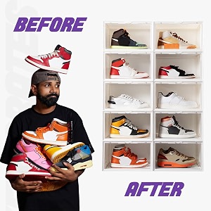 sneakare stackable shoe storage box  heavy duty plastic sneaker crate with magnetic door  shoe organizer for men amp women  fits upto uk 14  durable shoe storage box white pack of 4