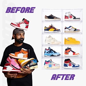 sneakare stackable shoe storage box  heavy duty plastic sneaker crate with magnetic door  shoe organizer for men amp women  fits upto uk 14  durable shoe storage box clear pack of 4