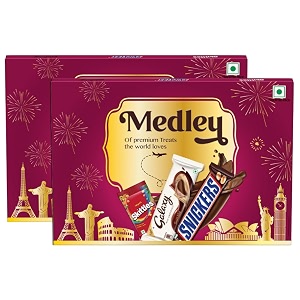 medley premium chocolate gift pack for rakhi  assortment of world famous chocolates  snickers galaxy amp skittles  best rakhi gift for your brother  179 g  pack of 2