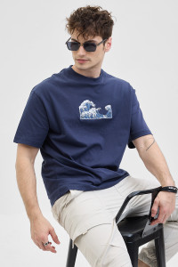 Snitch Embroidered Men Crew Neck Navy Blue