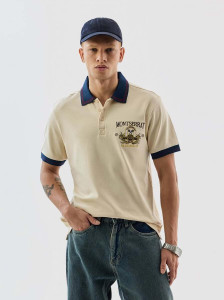 Snitch Embroidered Men Polo Neck Beige T-Shirt