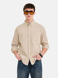 Snitch Men Checkered Casual Beige Shirt