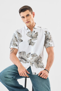 Snitch Men Floral Print Casual White Shirt