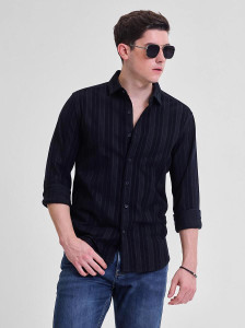 Snitch Men Striped Casual Black Shirt