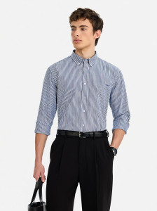 Snitch Men Striped Casual Dark Blue Shirt