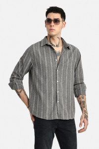 Snitch Men Striped Casual Grey Shirt