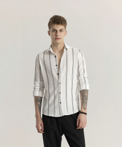 snitch men striped casual white shirt