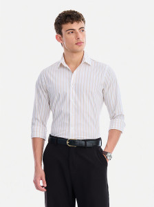 Snitch Men Striped Casual White Shirt