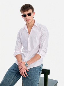Snitch Men Striped Casual White Shirt