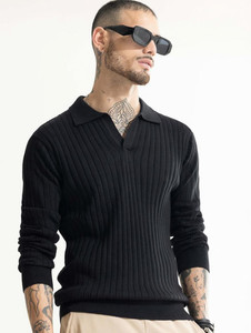 Snitch Self Design Men Polo Neck Black