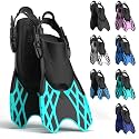 Snorkel Fins for Adults Youth, Short Diving Swim Flippers with Adjustable Open Heel, Upgraded Quick Release Buckles, Comfortable Foot Pocket, Compact Travel Fins with Mesh Bag
