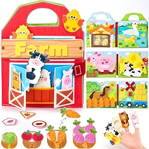 snowie soft busy board for toddlers 1-3 with finger puppets for kids farm animals quiet busy binder book for toddlers 1-3 montessori busy board toys to study farm animals knowledge travel toys