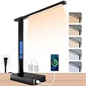 snsok Smart Desk Lamp with Dual USB Charging (Type-C/USB-A) &amp; 2 AC Outlets, Digital Clock, Temperature Display, 5 Color Modes, 5 Brightness, Adjustable - for Office, Bedroom, Dorm Room, Study