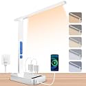 snsok Smart Desk Lamp with Dual USB Charging (Type-C/USB-A) &amp; 2 AC Outlets, Digital Clock, Temperature Display, 5 Color Modes, 5 Brightness, Adjustable - for Office, Bedroom, Dorm Room, Study