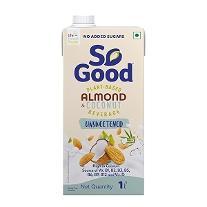 so good plant based almond coconut beverage unsweetened 1 l lactose free  no added sugar gluten free  no preservatives  zero cholesterol  dairy free source of calcium amp vitamins