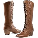 SO SIMPOK Lace Up Cowboy Boots for Women Square Toe Knee High Cowgirl Boots Low Block Heel Western Boots Vintage Zipper Tall Booties for Ladies