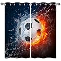 Soccer Curtains W42 x L63 Inch Grommet Sports Theme Water Flame Football Fire Balls Print Pattern Light Filtering Fabric Window Drapes for Boys Kids Bedroom Nursery Baby Playroom 2 Panels