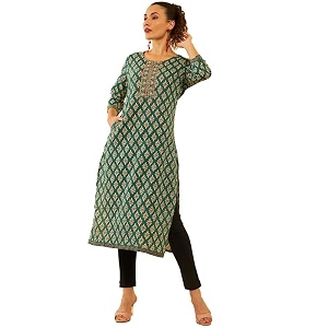 Soch Womens Green Cotton Ajrak Printed Straight