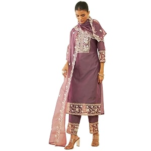 Soch Womens Onion Pink Chanderi Floral Embroidered